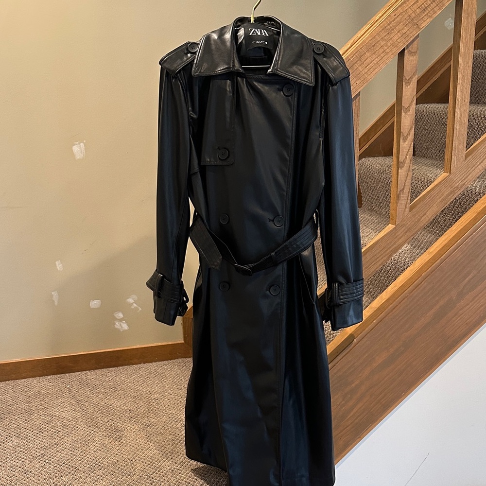Zara Black Faux-Leather Double-Breasted Trench